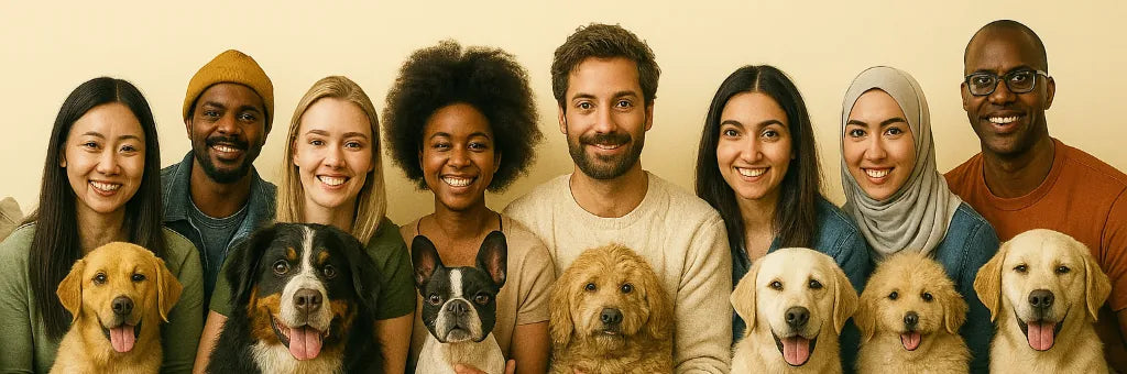 Group of people and dogs posing together against a beige background